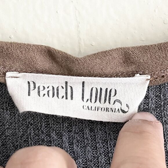 Peach Love Gray Waffle Knit Long Line Shirt S Brown Elbow Patch Soft California - Picture 10 of 10